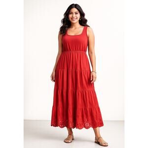 Talbots Womens Petite Maxi Dress Red Sleeveless Tiered Eyelet Cotton LP